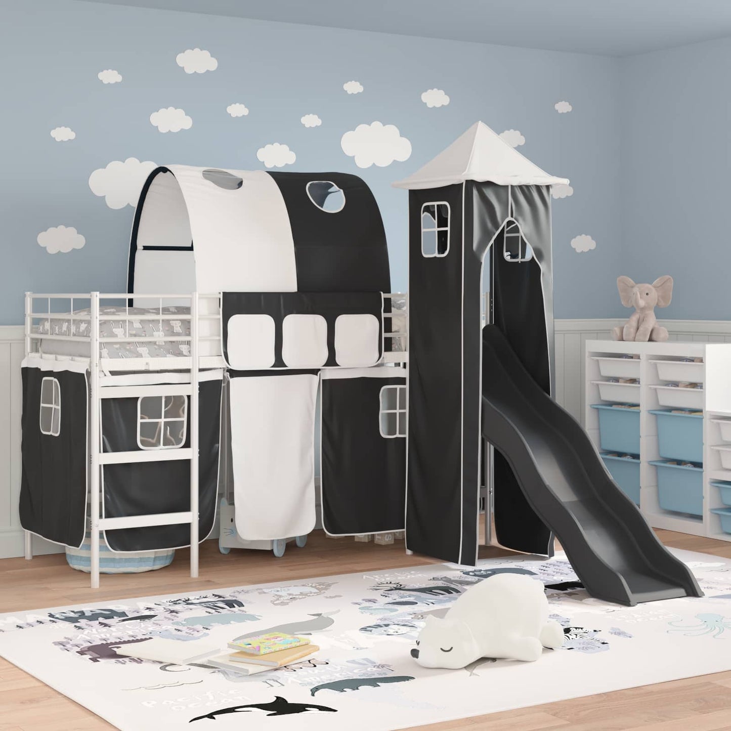 Kids'Loft Bed Frame Plain White and Black 90 x 190 cm Metal