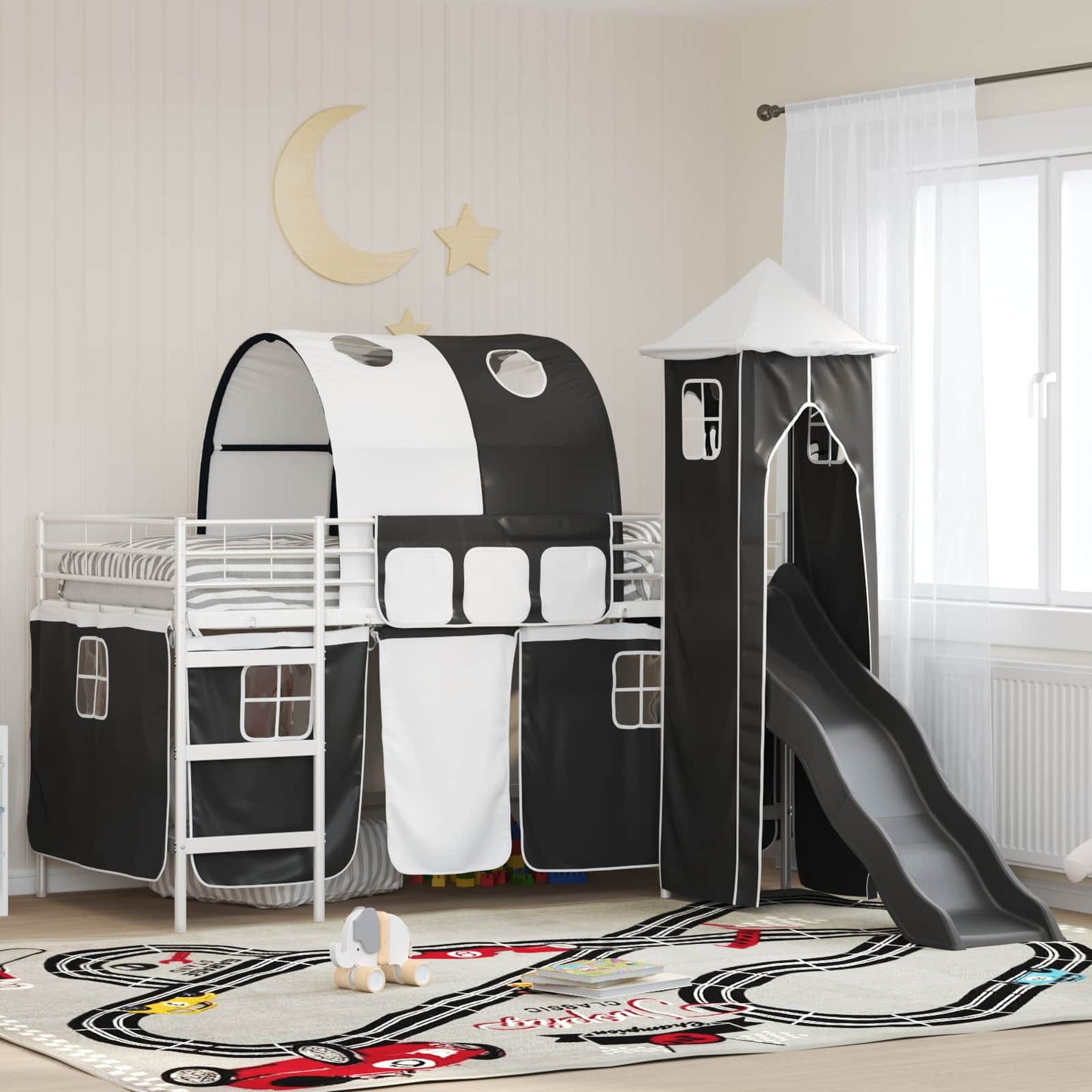 Kids'Loft Bed Frame Plain White and Black 100 x 200 cm Metal