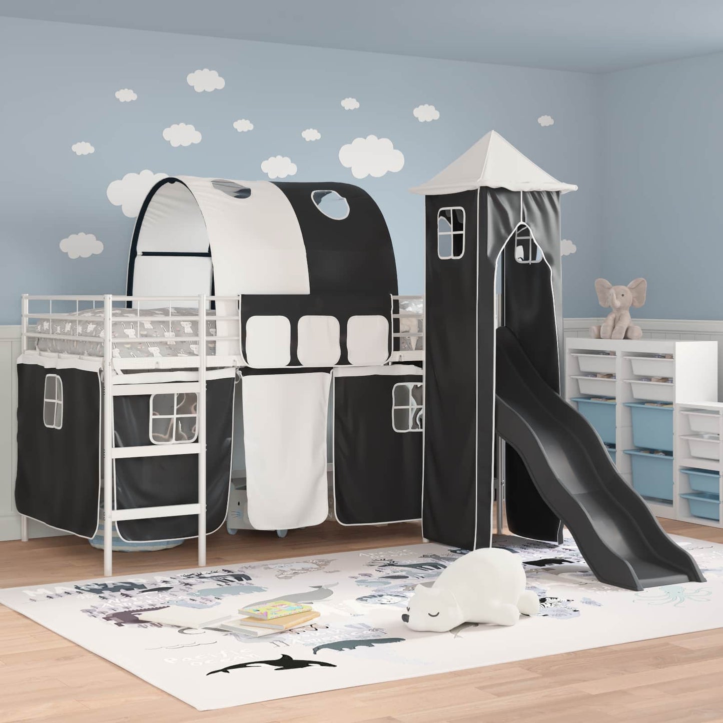 Kids'Loft Bed Frame Plain White and Black 107 x 203 cm Metal
