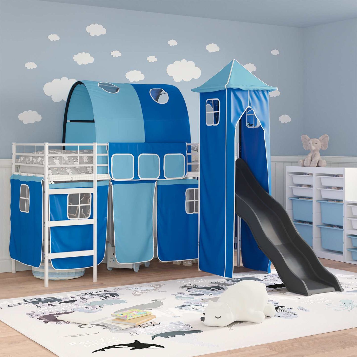 Kids'Loft Bed Frame Plain White and Blue 100 x 190 cm Metal