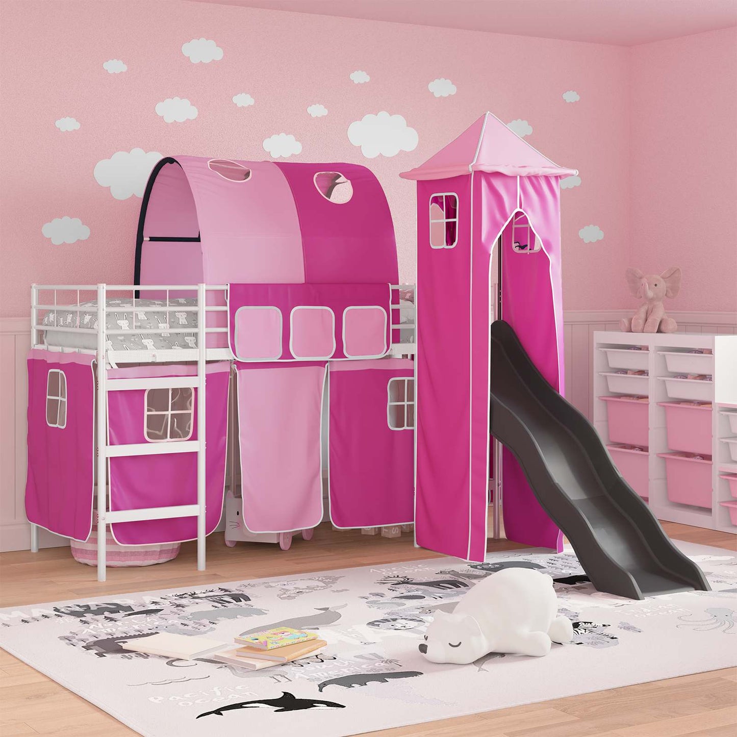 Kids'Loft Bed Frame White and Pink 100 x 190 cm Metal