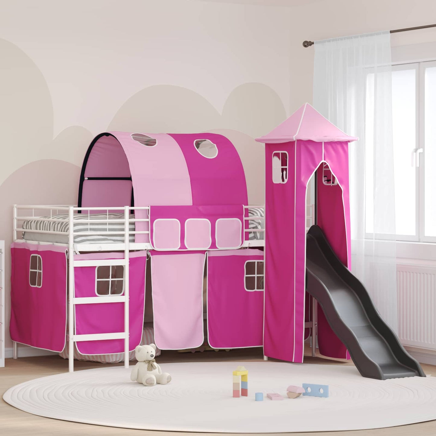 Kids'Loft Bed Frame White and Pink 100 x 200 cm Metal
