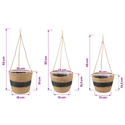 Seagrass Plant Baskets 3 pcs Natural and Black Ø26 x 19 cm