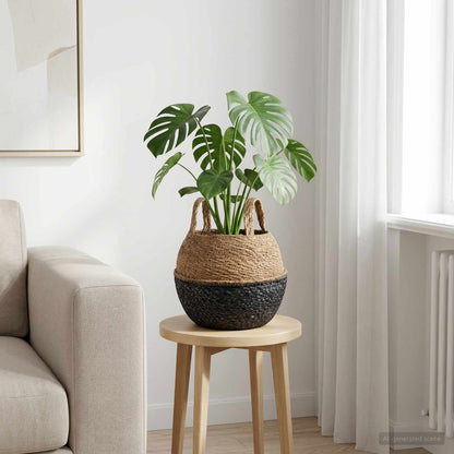 Plant Pot with Handles Black Ø 22 x 20 cm 100% Seagrass
