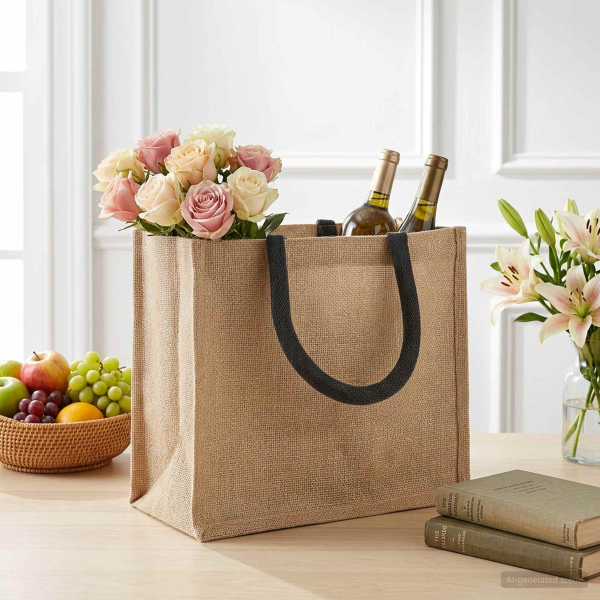 Jute Handbags 10 Natural and Black 26 x 22 x 14 cm