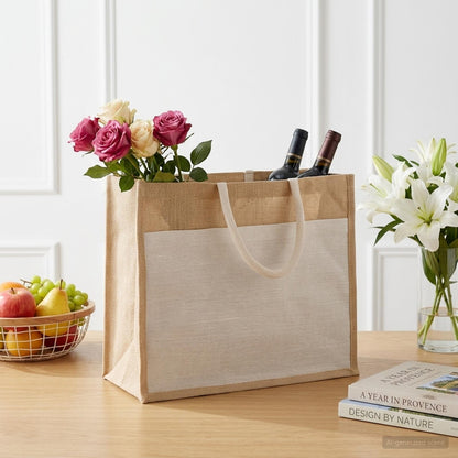 Jute Handbags with Pocket 10 Natural and White 42 x 33 x 19 cm