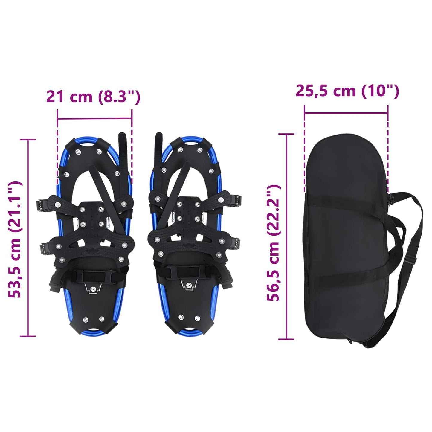 3 in 1 Snowshoes Blue and Black 53.5 x 21 cm Aluminum and HDPE