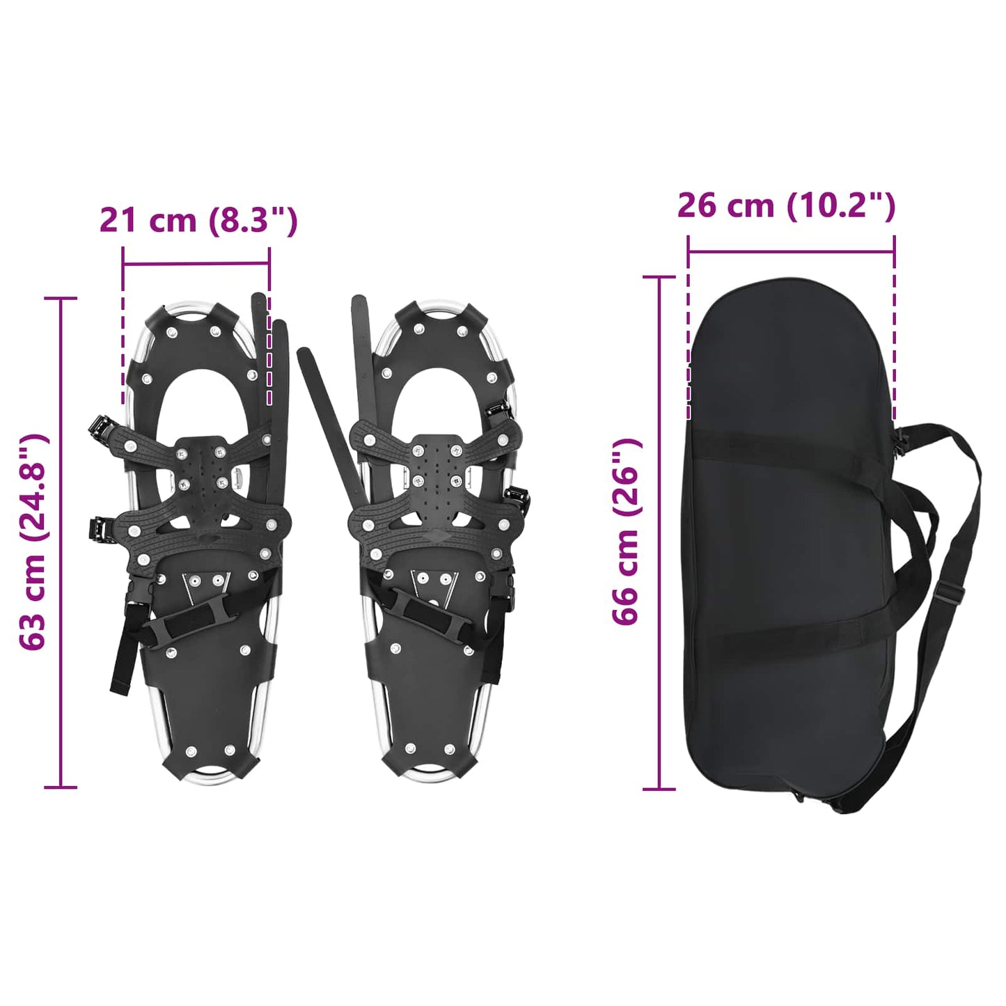 3 in 1 Snowshoes Silver and Black 63 x 21 cm Aluminum and HDPE