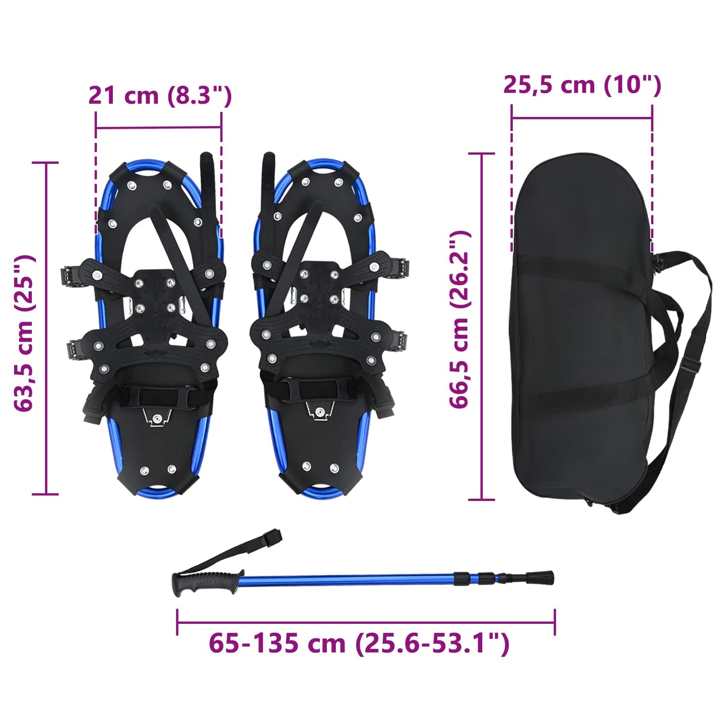 3 in 1 Snowshoes Blue and Black 63.5 x 21 cm Aluminum and HDPE