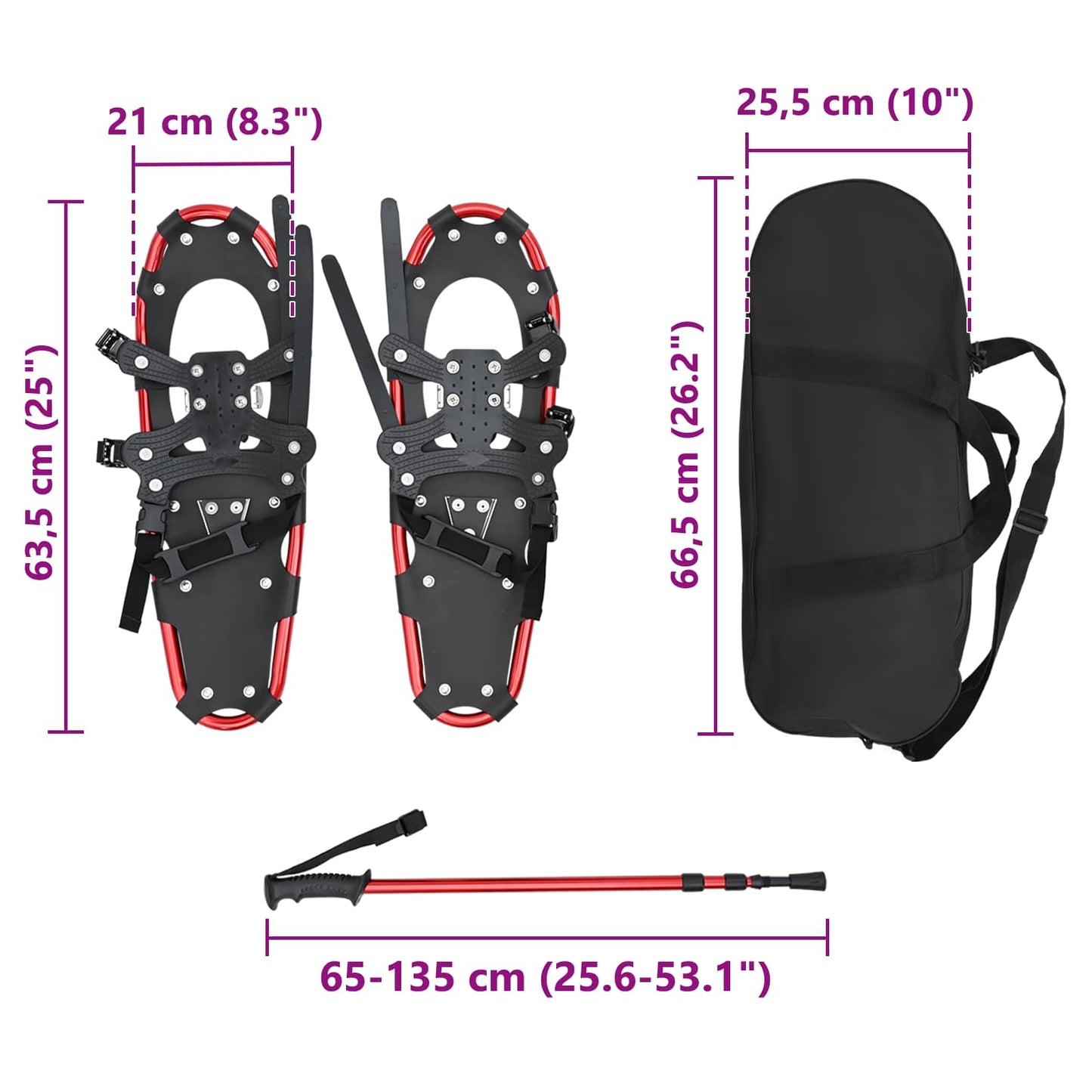 3 in 1 Snowshoes Red and Black 63.5 x 21 cm Aluminum and HDPE