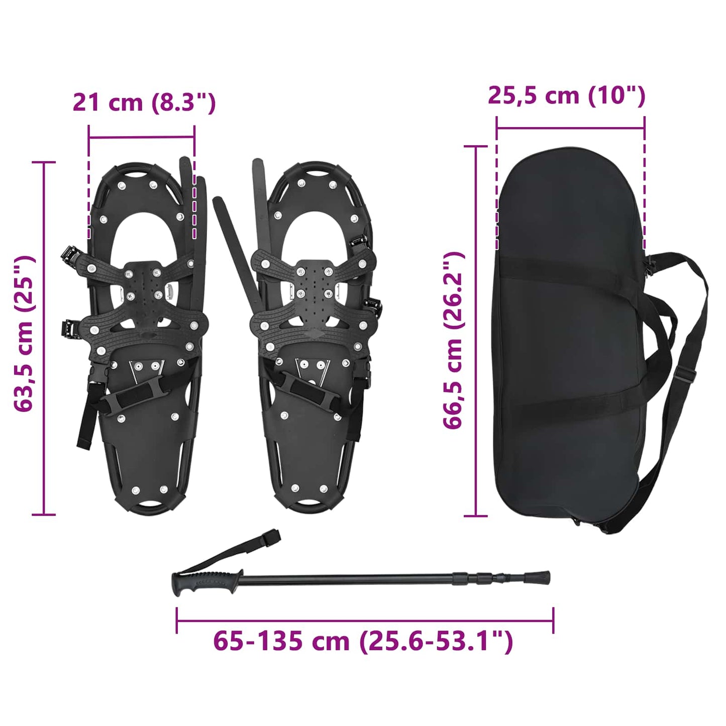 3 in 1 Snowshoes Black 63.5 x 21 cm Aluminum and HDPE