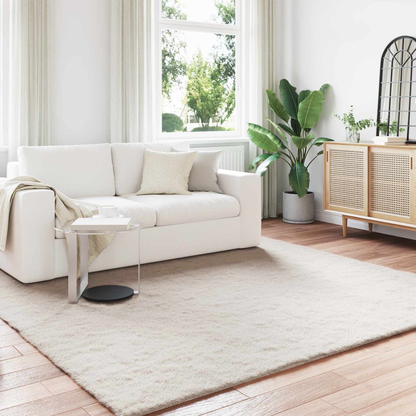 Anti-Slip Faux Rabbit Fur Rug OLITE Beige 200 x 200 cm