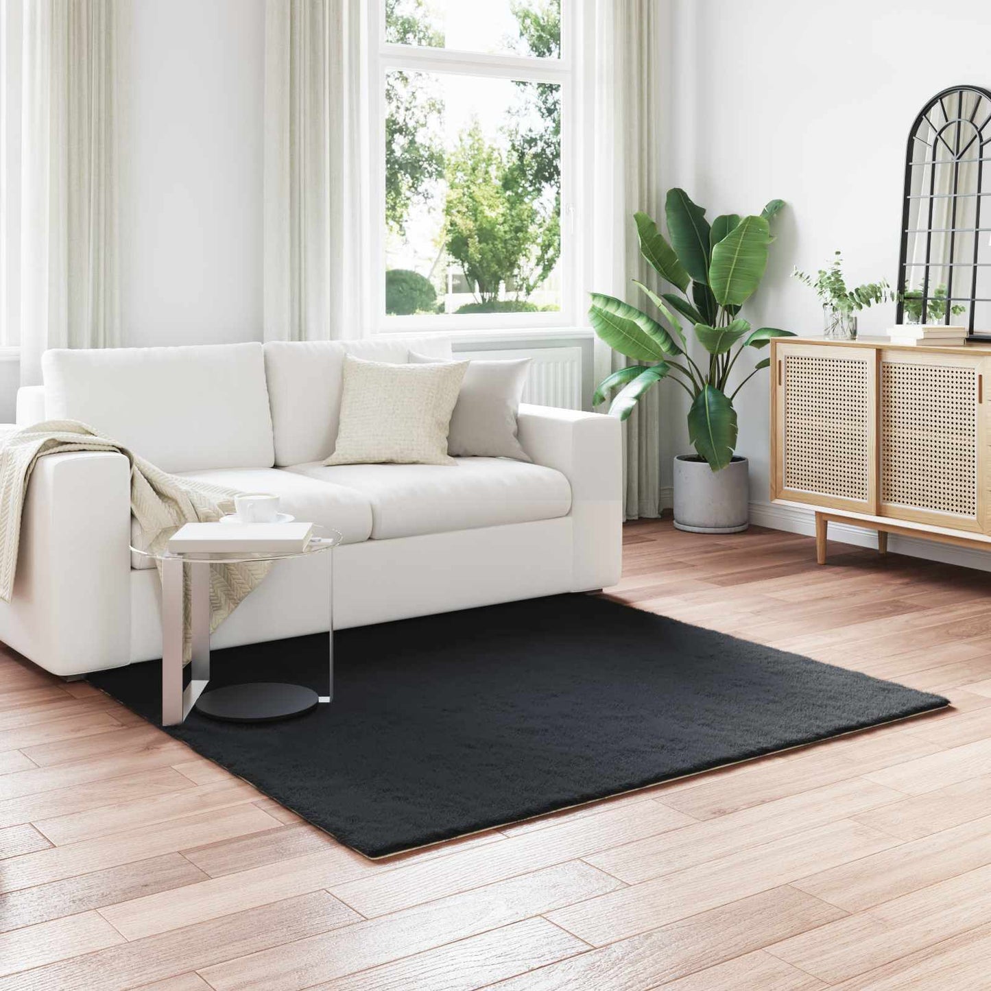 Anti-Slip Faux Rabbit Fur Rug OLITE Black 120 x 120 cm