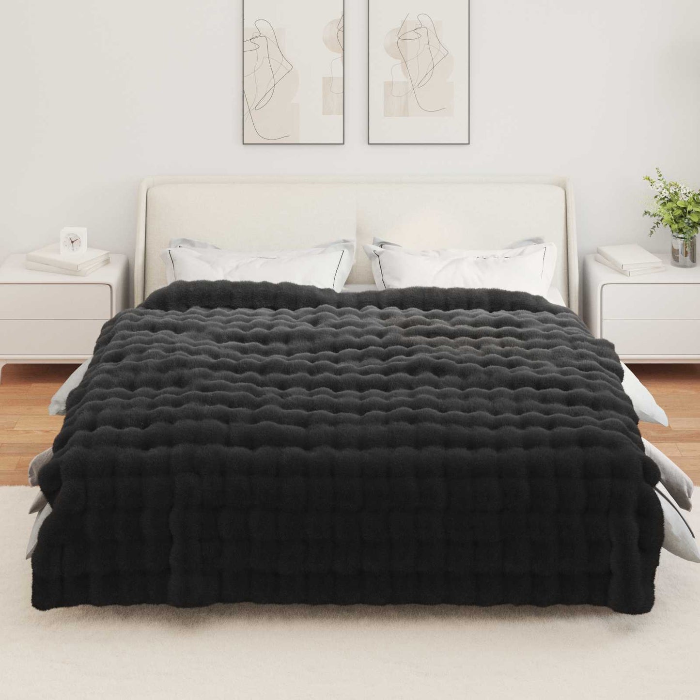Anti-Slip Faux Rabbit Fur Blanket Olite 4 pcs Black Polyester