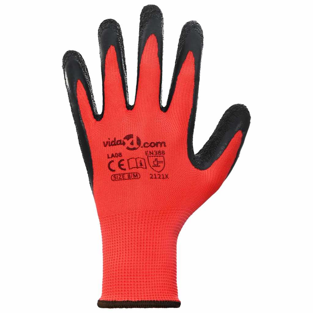 Work Gloves 12 pcs Red and Black 8 / M Latex Coating