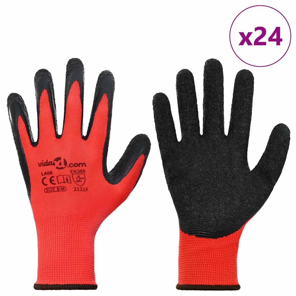 Work Gloves 24 pcs Red and Black 8 / M Latex Coating