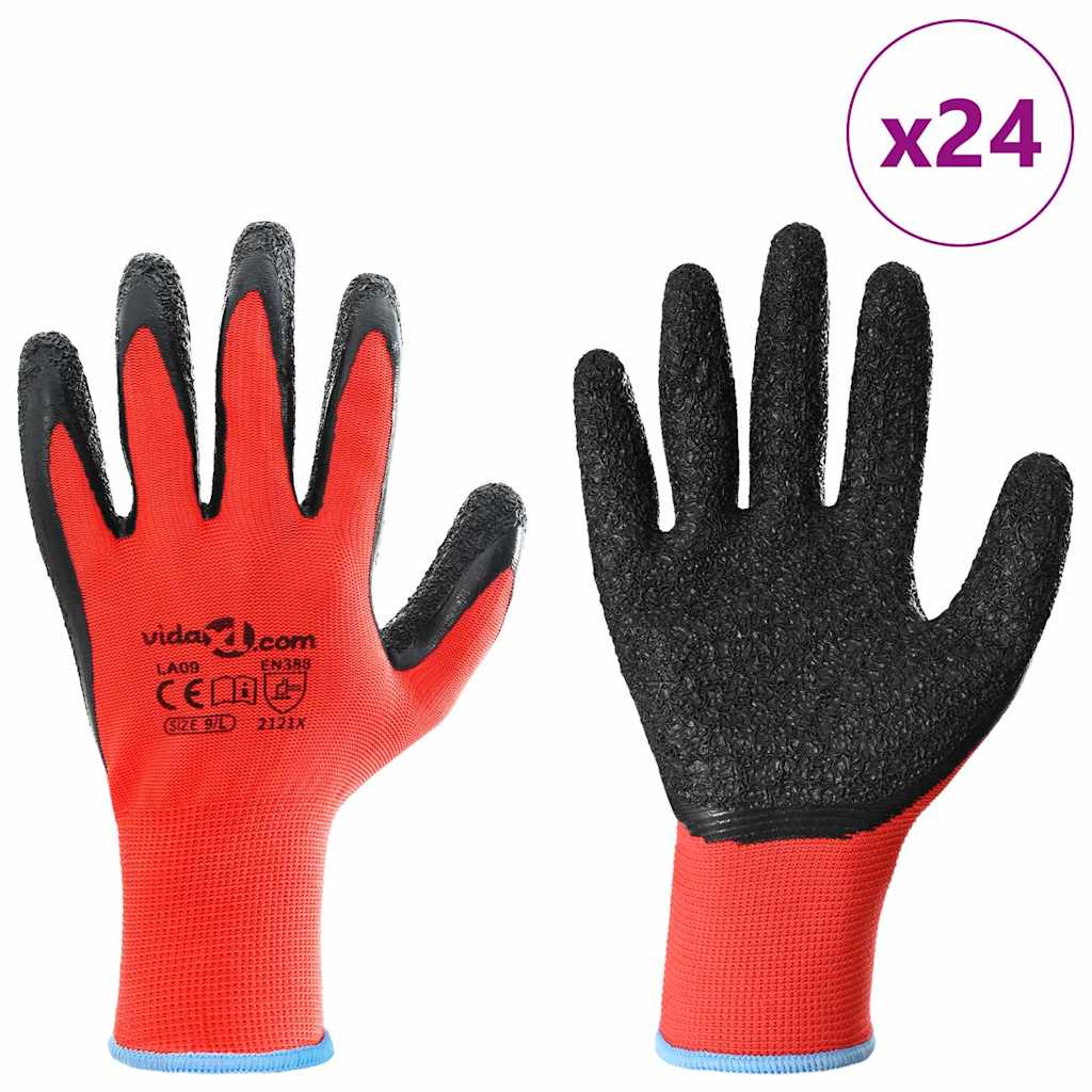 Work Gloves 24 pcs Red and Black 9 / L Latex Coating