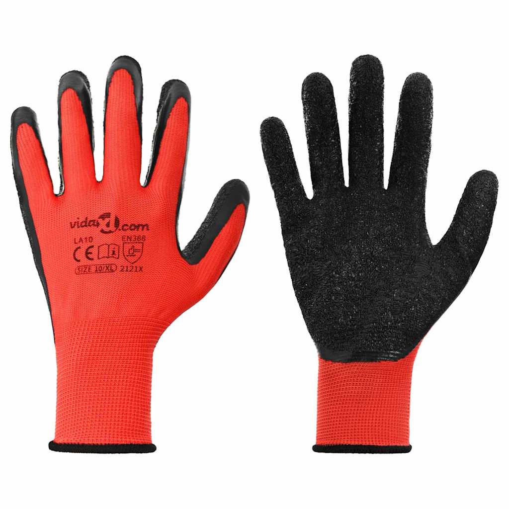 Work Gloves 12 pcs Red and Black 10 / XL Latex Coating
