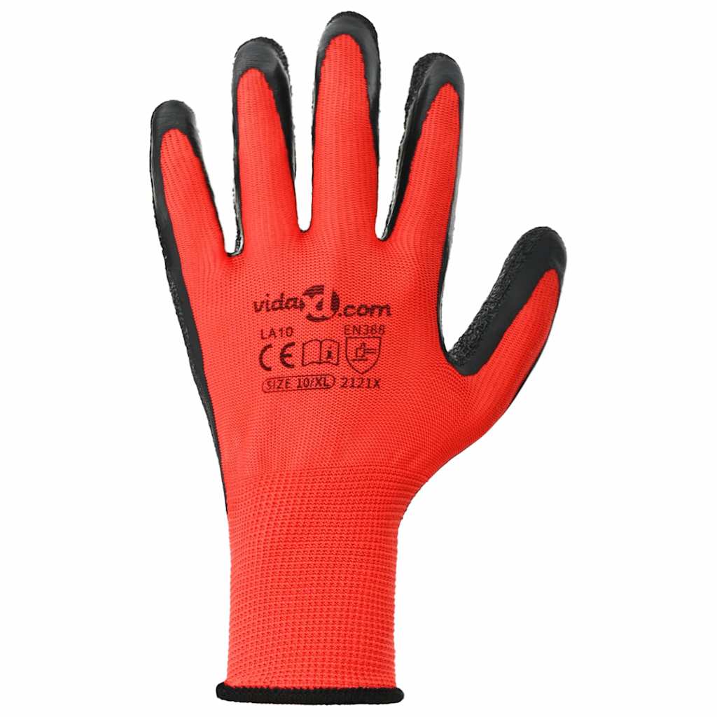 Work Gloves 24 pcs Red and Black 10 / XL Latex Coating