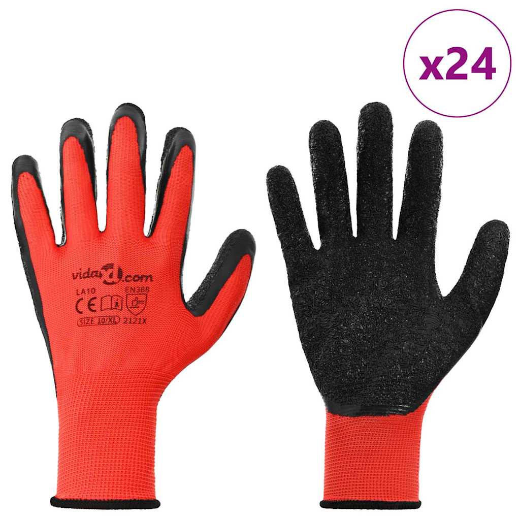 Work Gloves 24 pcs Red and Black 10 / XL Latex Coating