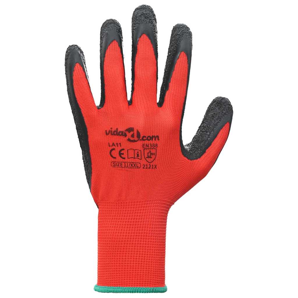 Work Gloves 24 pcs Red and Black 11 / XXL Latex Coating