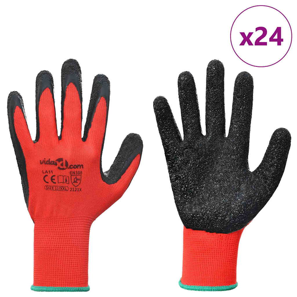 Work Gloves 24 pcs Red and Black 11 / XXL Latex Coating