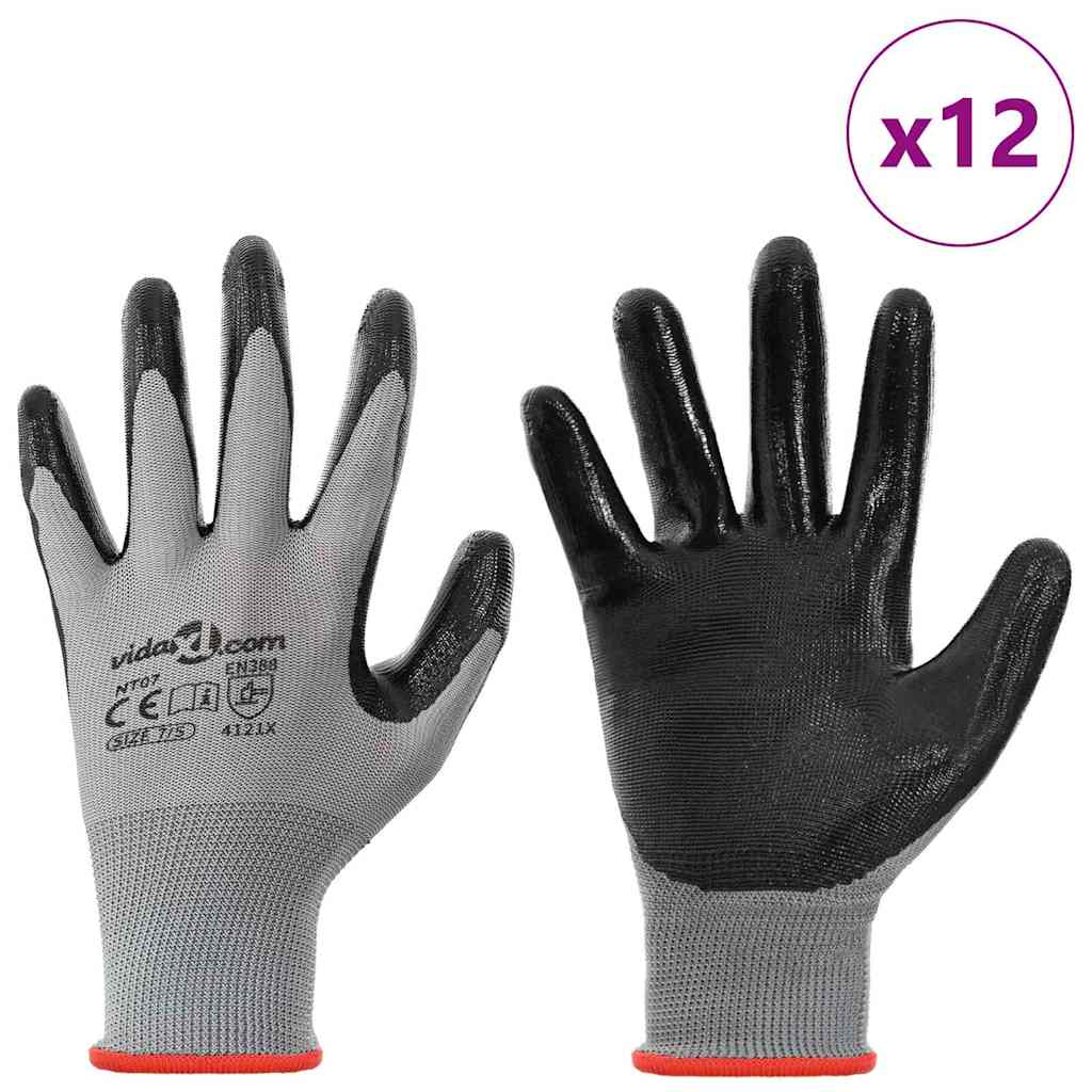 Work Gloves 12 pcs Grey and Black 7 / S Polyester