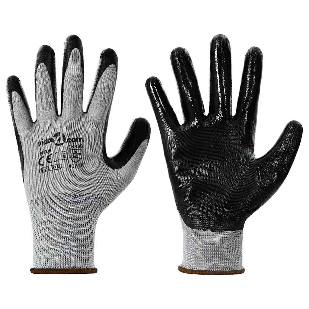 Work Gloves 12 pcs Grey and Black 8 / M Polyester
