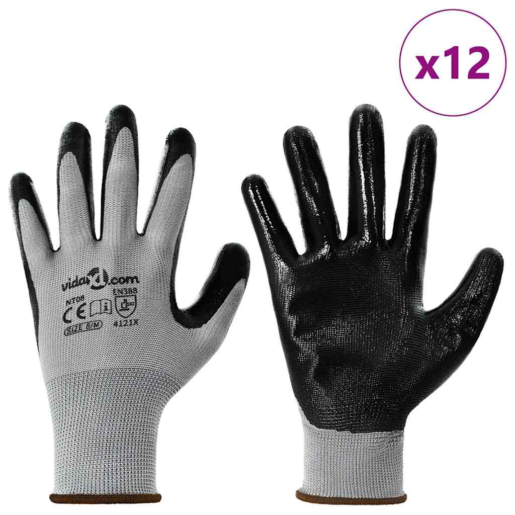 Work Gloves 12 pcs Grey and Black 8 / M Polyester