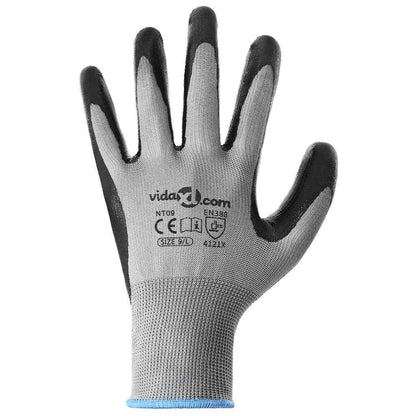 Work Gloves 12 pcs Grey and Black 9 / L Polyester