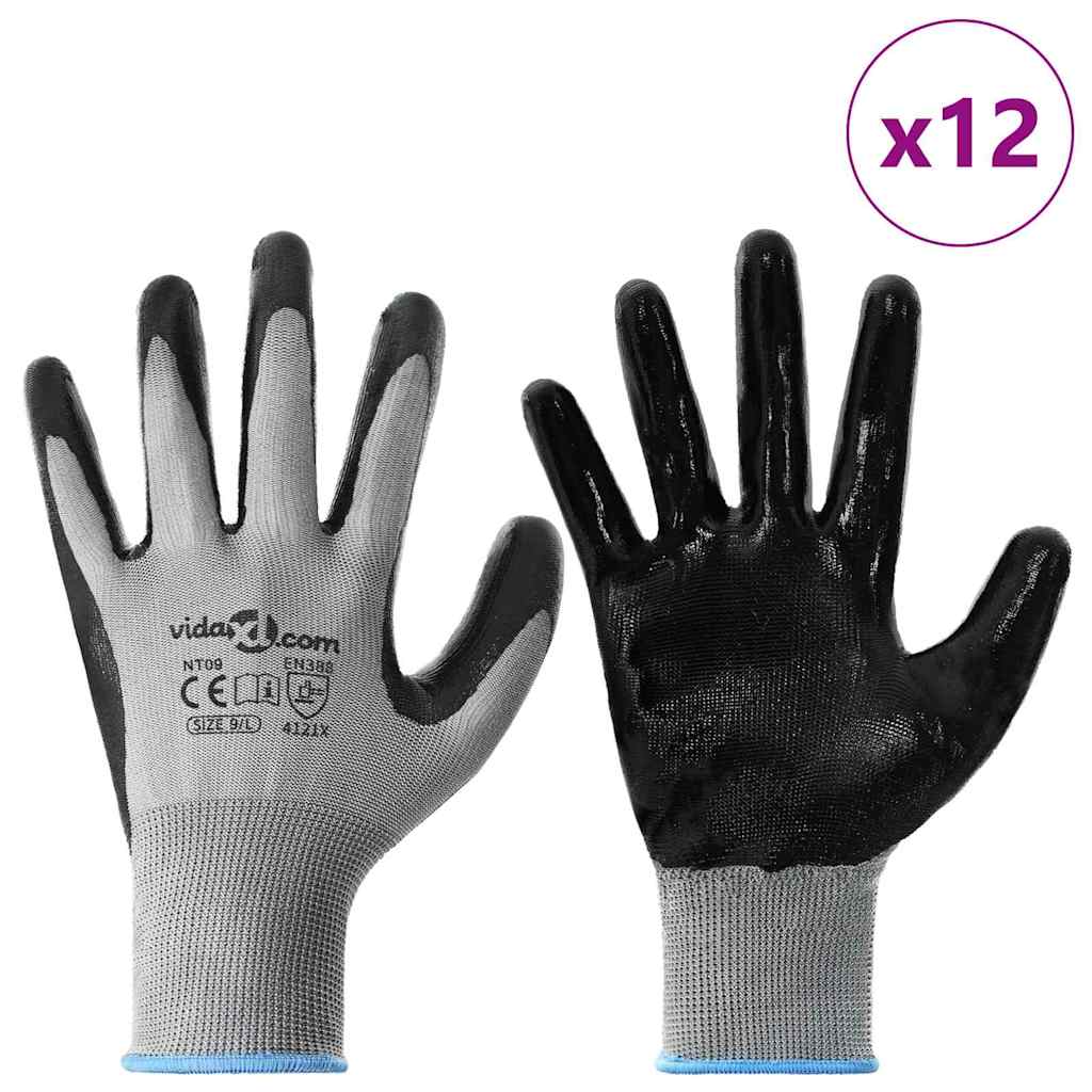 Work Gloves 12 pcs Grey and Black 9 / L Polyester