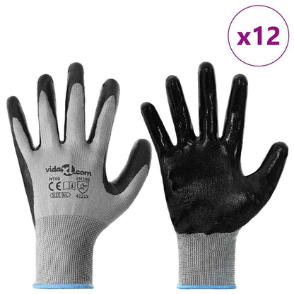 Work Gloves 12 pcs Grey and Black 9 / L Polyester