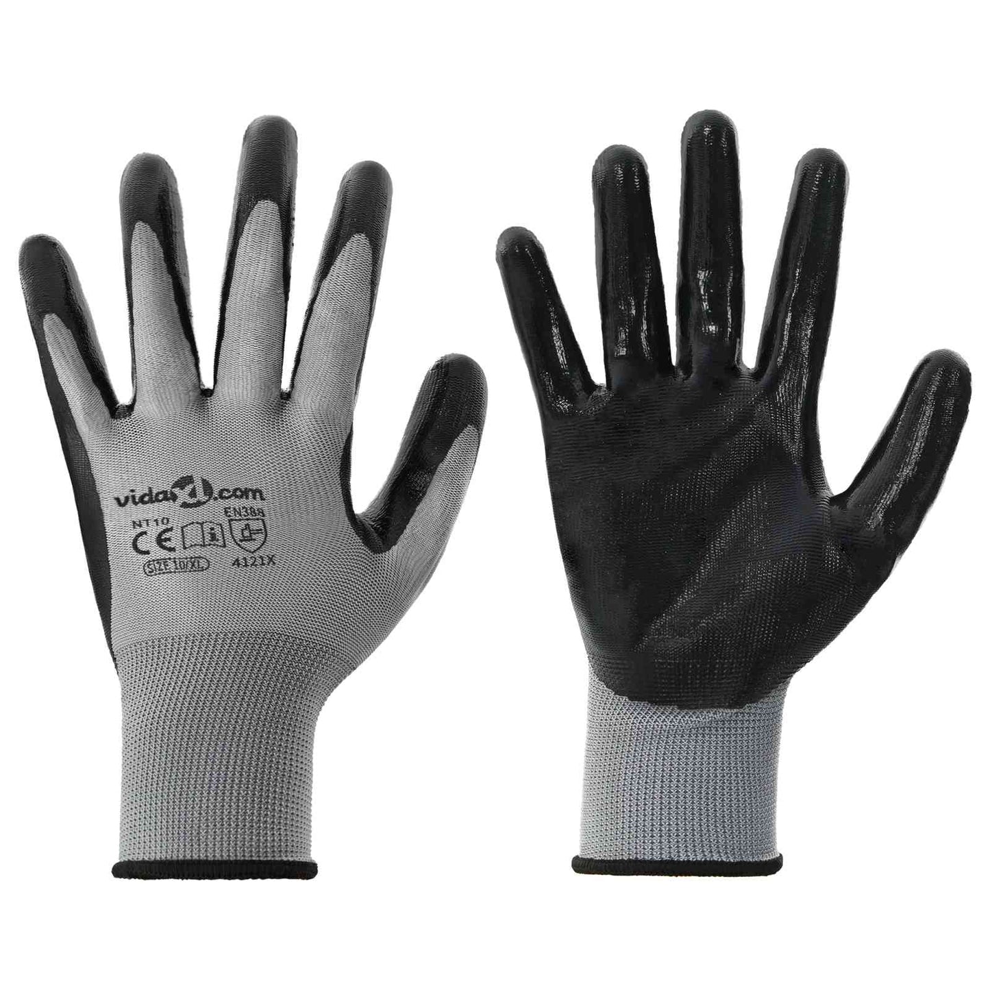 Work Gloves 12 pcs Grey and Black 10 / XL Polyester