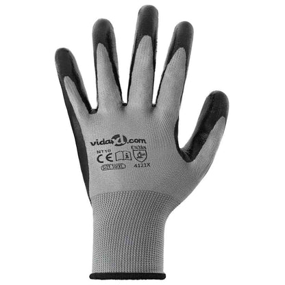 Work Gloves 12 pcs Grey and Black 10 / XL Polyester