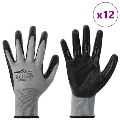 Work Gloves 12 pcs Grey and Black 10 / XL Polyester