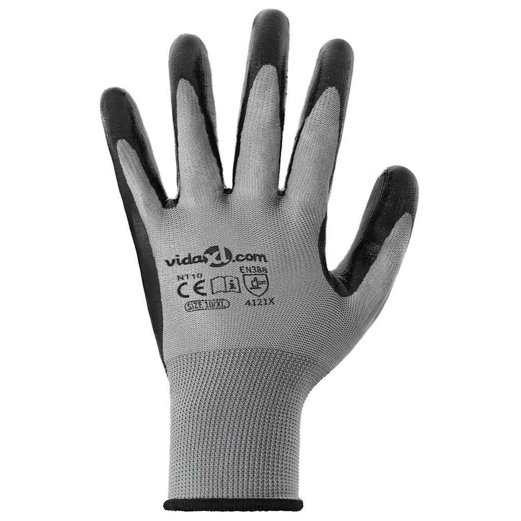 Work Gloves 24 pcs Grey and Black 10 / XL Polyester