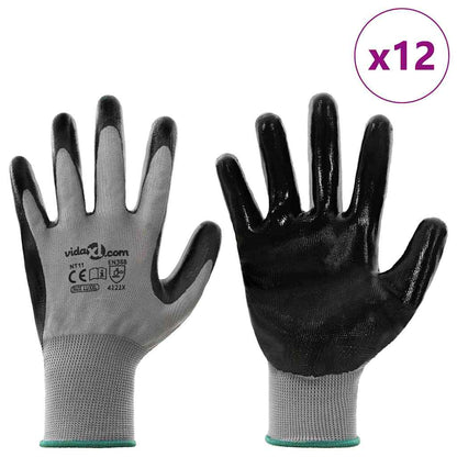 Work Gloves 12 pcs Grey and Black 11 / XXL Polyester