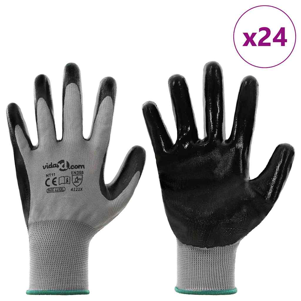 Work Gloves 24 pcs Grey and Black 11 / XXL Polyester