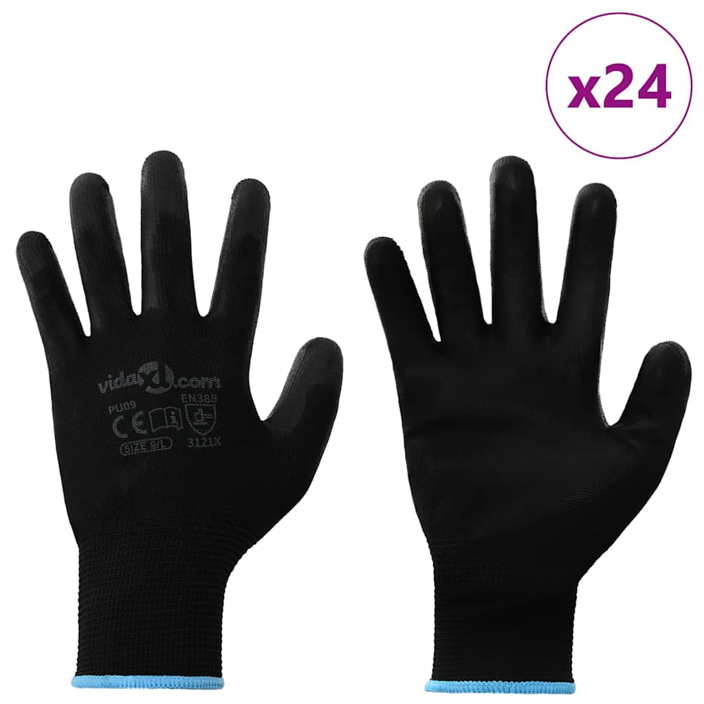 Work Gloves 24 pcs Black 9 / L Polyester