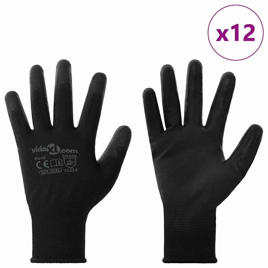 Work Gloves 12 pcs Black 10 / XL Polyester