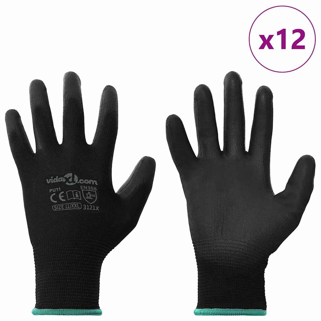 Work Gloves 12 pcs Black 11 / XXL Polyester