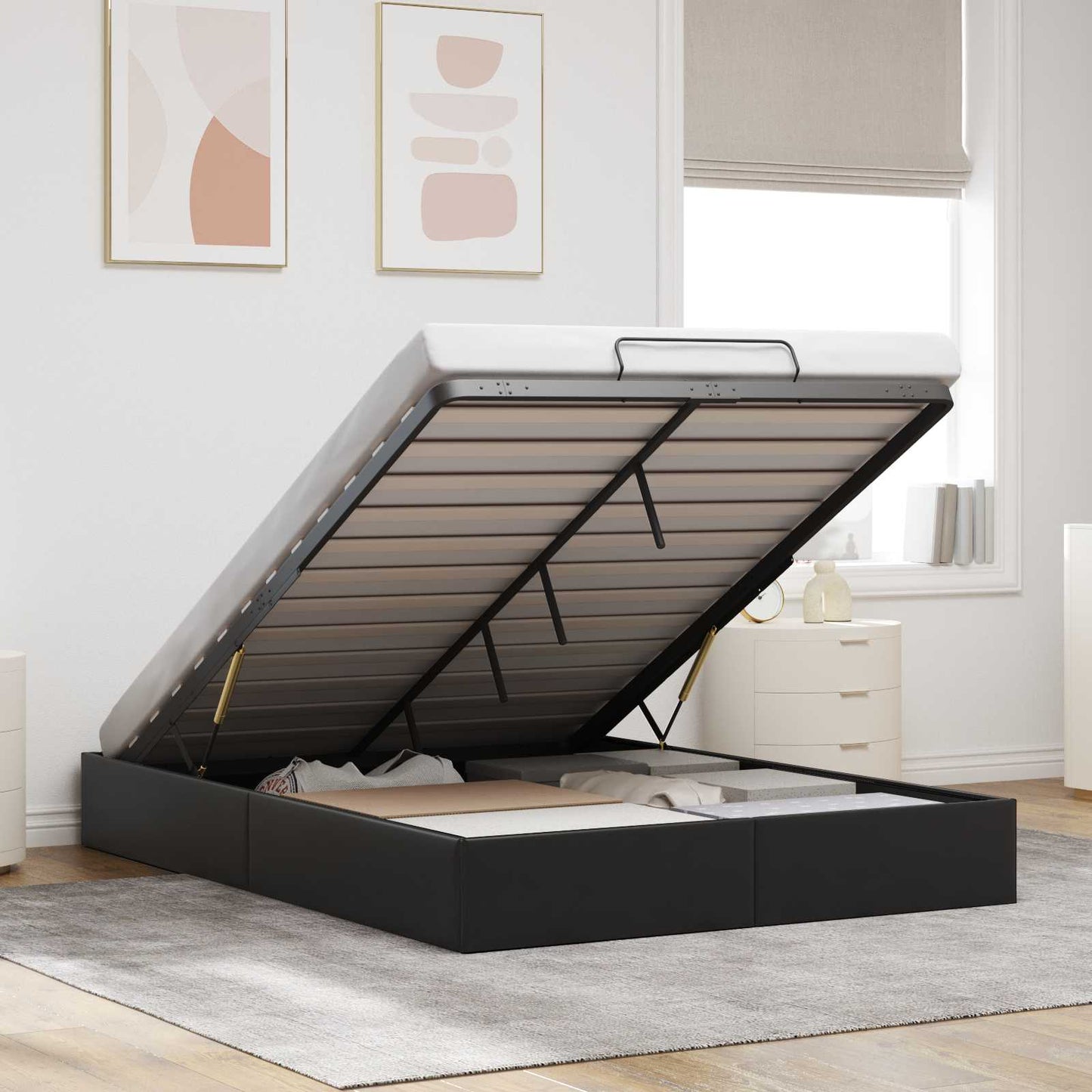 Ottoman Bed Frame Black Queen Size Faux Leather