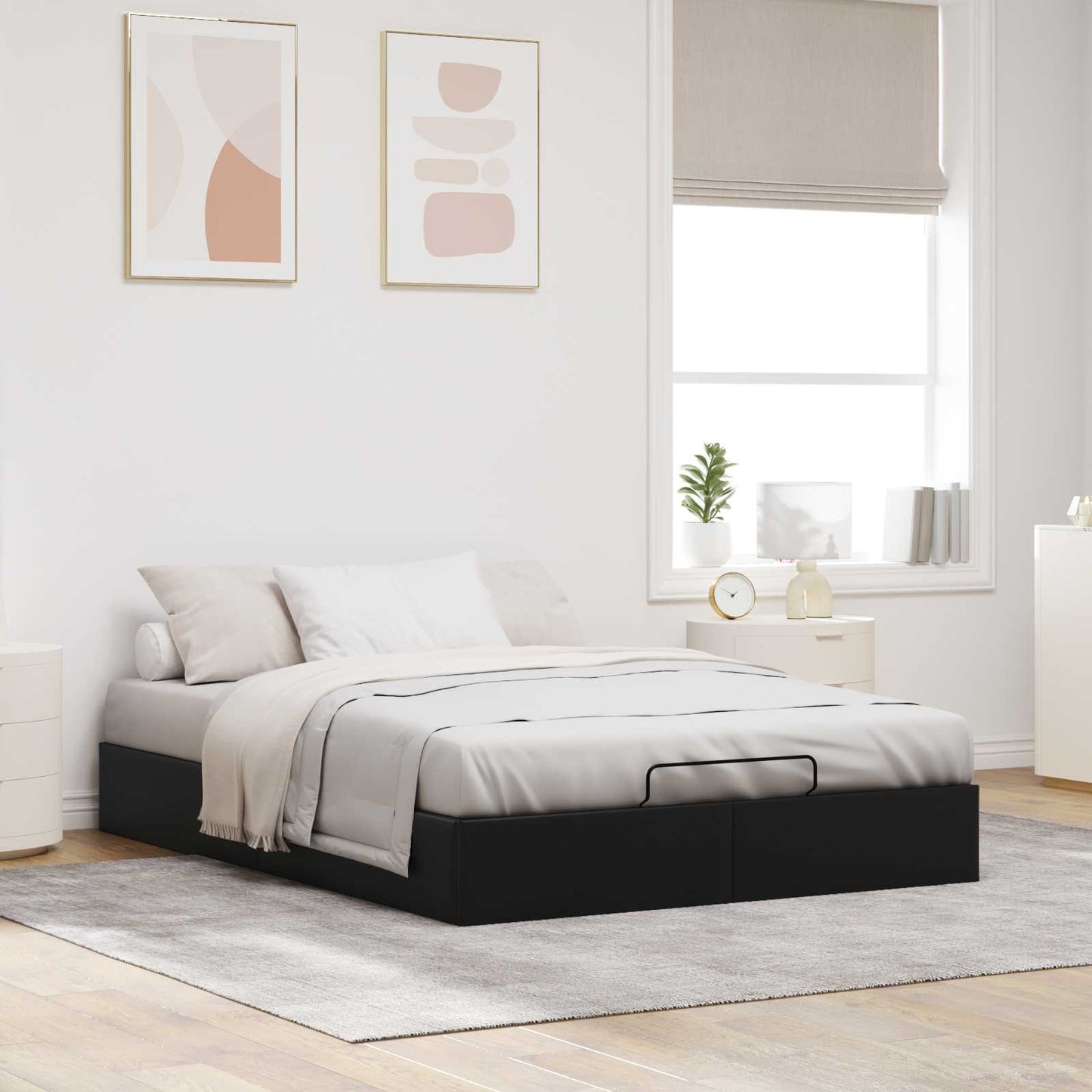 Ottoman Bed Frame Black Queen Size Faux Leather