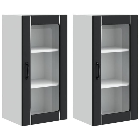 Wall Glass Cabinet PORTO 2 pcs Black Engineered Wood
