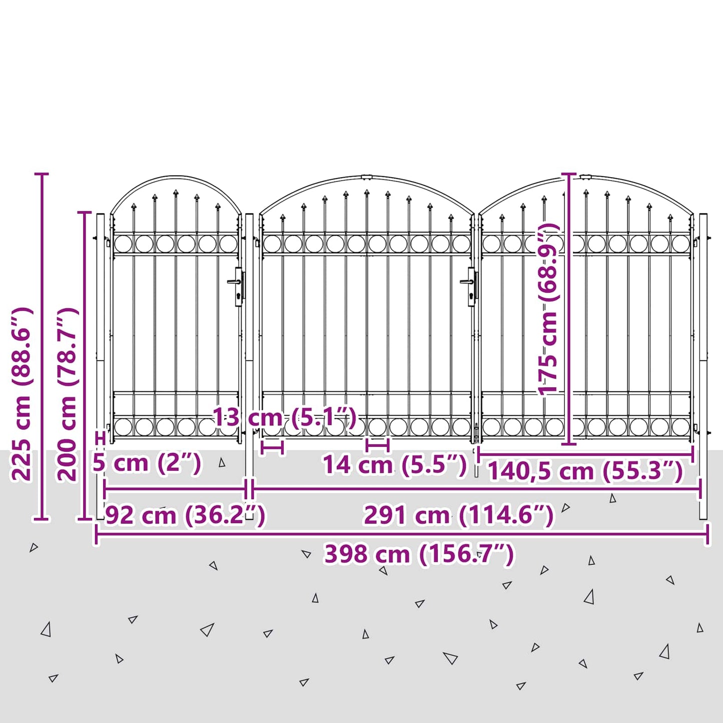Garden Fence Gate with Arched Top Assen Grey 400 x 125 cm Steel