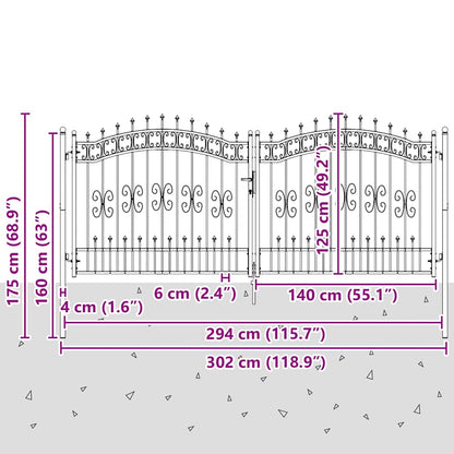 Fence Gate with Spear Top KAMPEN 305 x 125 cm Steel Grey