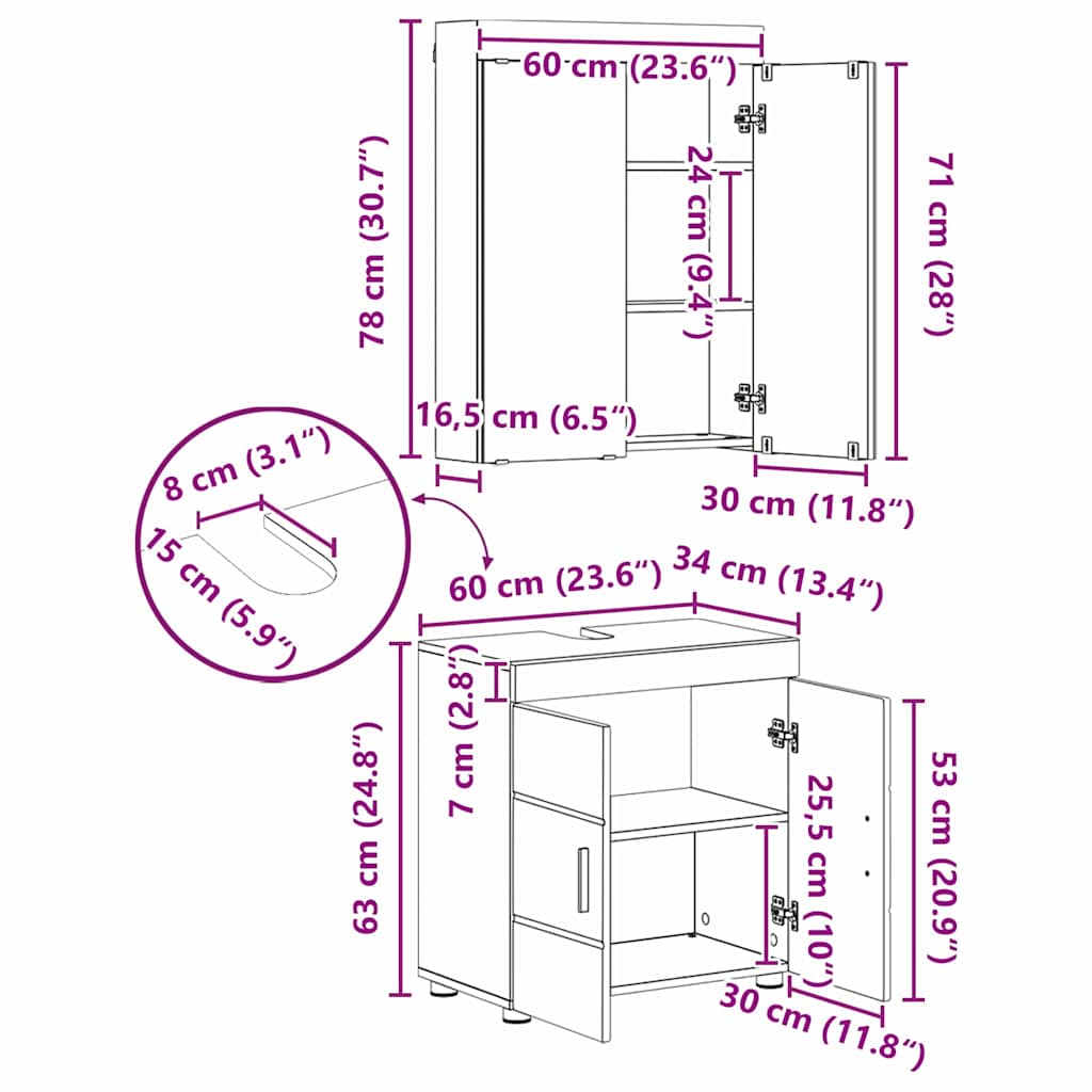 Bathroom Furniture Set TULUM Grey Sonoma Engineered Wood