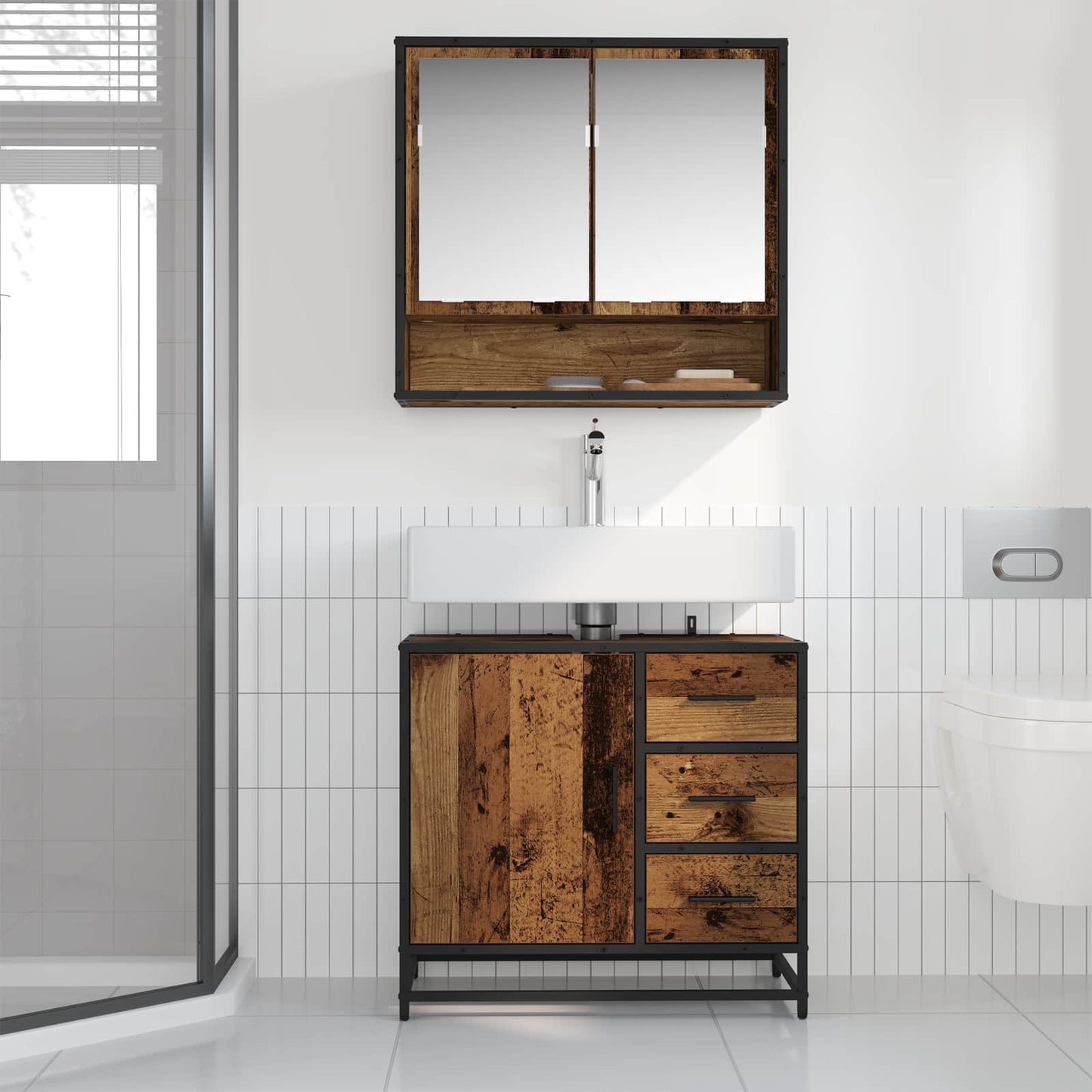 Bathroom Furniture Set with Door 2 pcs Old Wood Engineered Wood