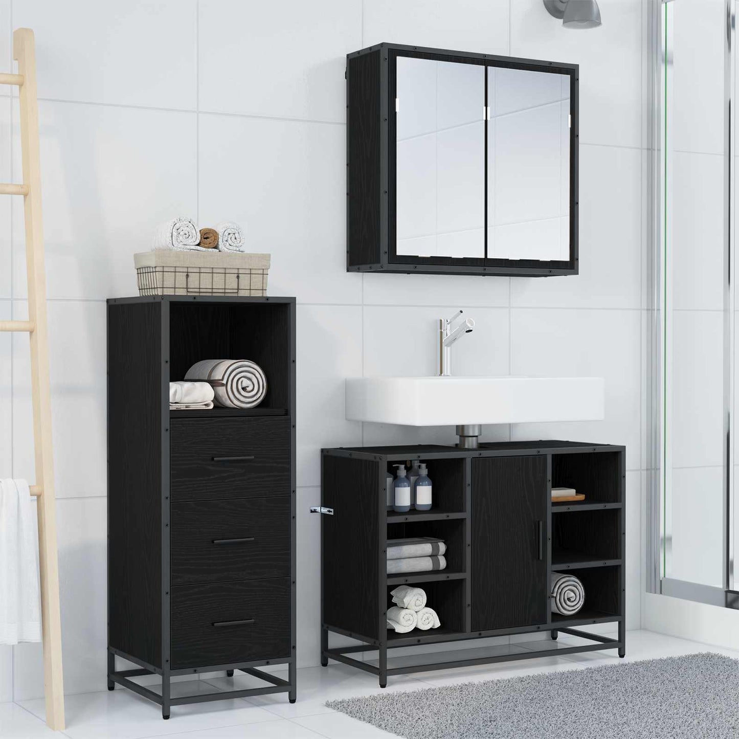 Bathroom Furniture Set 3 pcs Black Oak Engineered Wood