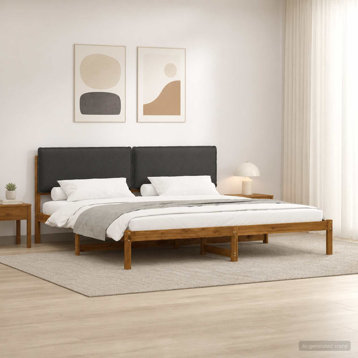 Bed Frame with Upholstered Headboard Natural and Dark Grey